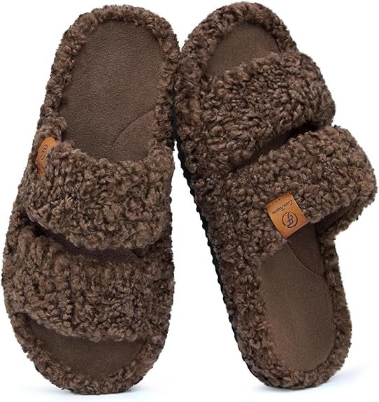EverFoams Womens Fuzzy Open-toe Slippers Soft Comfy Memory Foam Indoor House Shoes