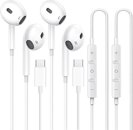 2 Pack-USB C Headphones for iPhone 17/16/15 Pro Max Plus, Type C Earphones with Microphone Volume Control, Noise Cancelling in-Ear Earbuds for iPad, for Galaxy S25 Ultra S24 S23 S22 S21 S20 A55, White