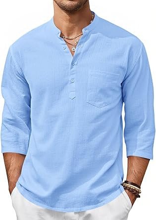 Runcati Mens Casual Henley Shirts 3/4 Sleeve Band Collar Cotton Linen Shirt Summer Beach Hippie T-Shirts with Pocket
